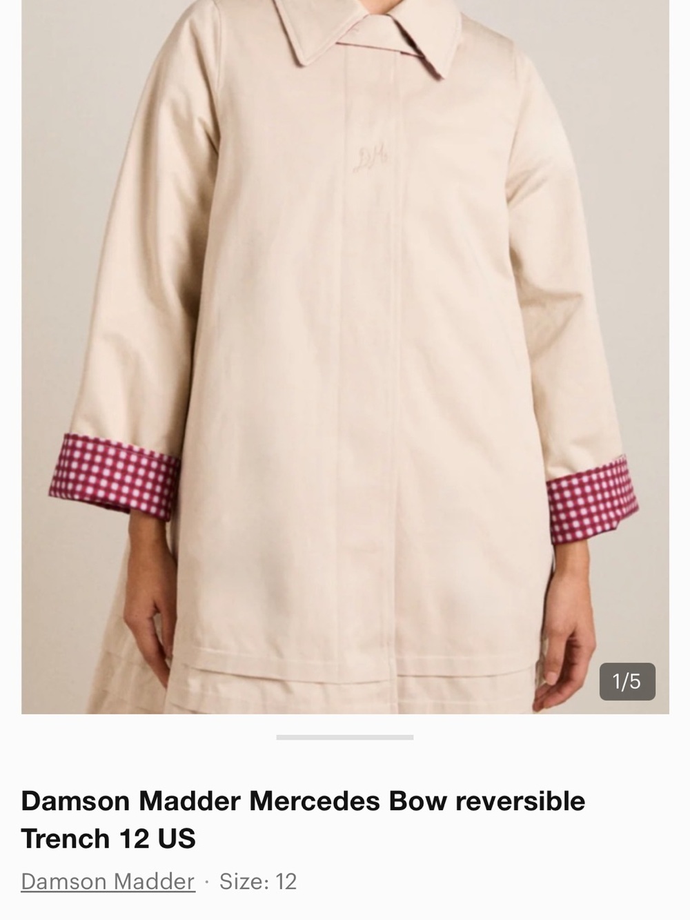 Damson Madder Reversible Cream Trench Coat with Pink Gingham Trim